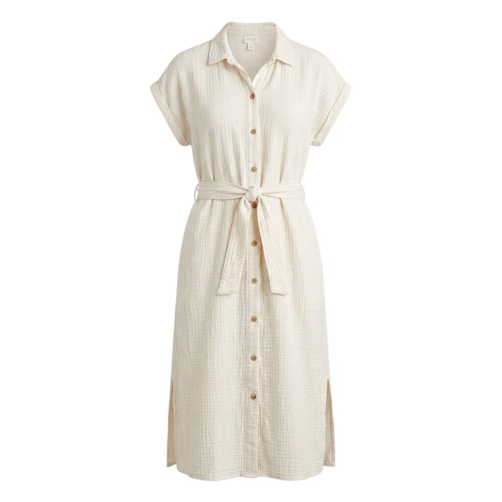 Little Planet Adult Medium Muslin Gauze Shirt Dress Belted Cream Boho Coastal